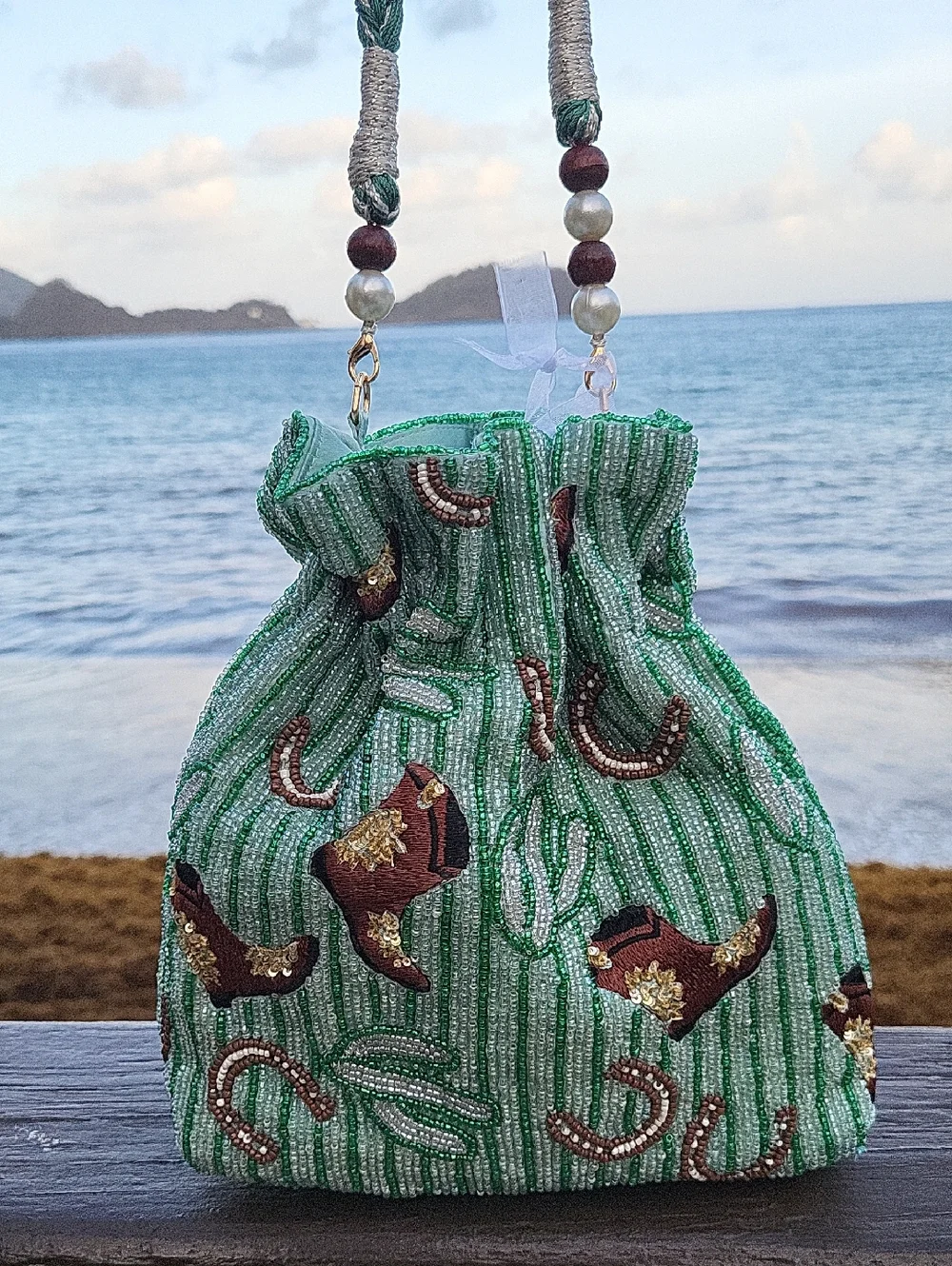 VIRAL Beaded Bag Striped Cowboy Cowgirl Boots Horseshoe Cactus Satchel Green